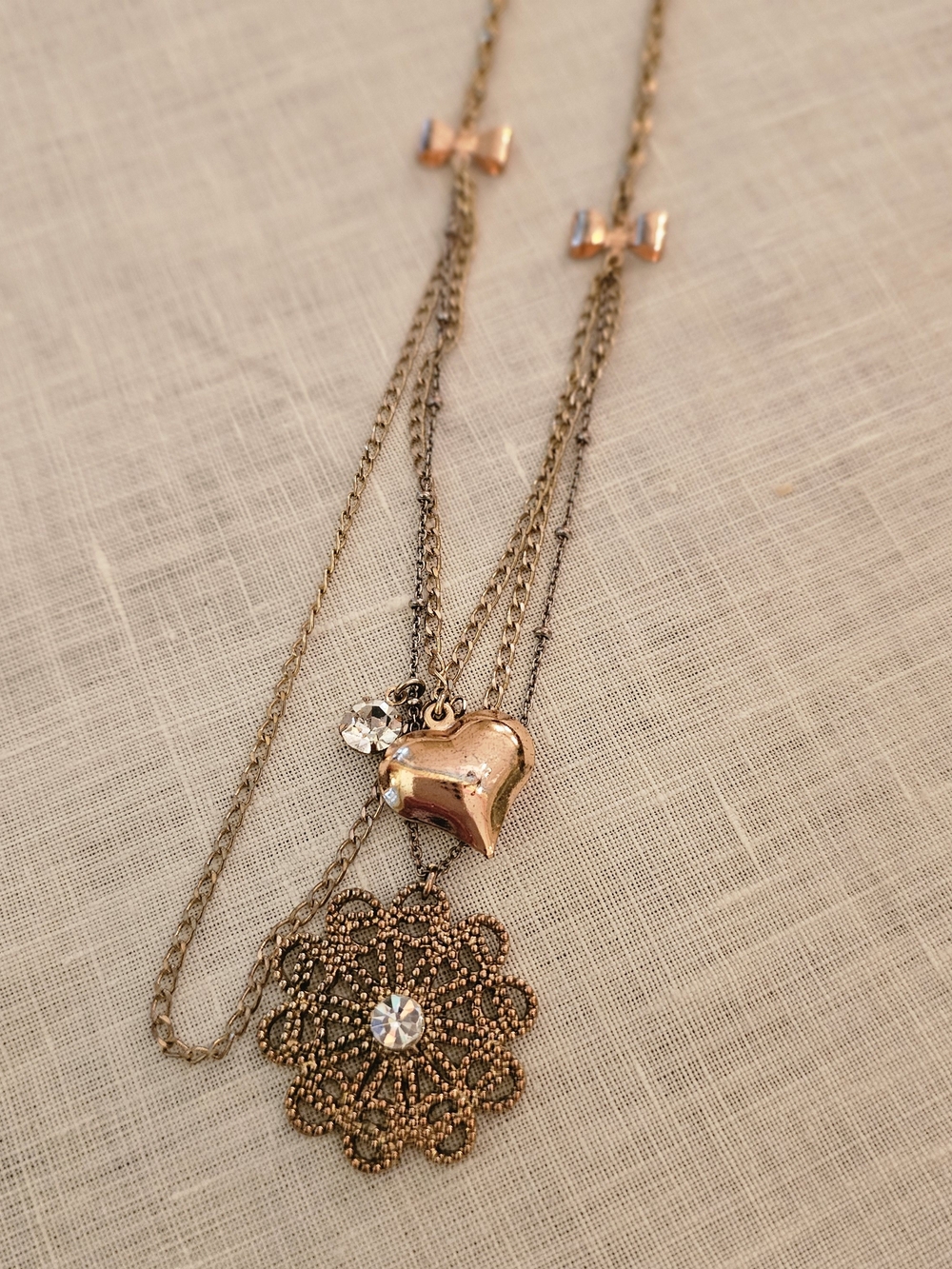 Betsey Johnson Vintage Multi Strand Filigree Flower & Heart Charm Necklace